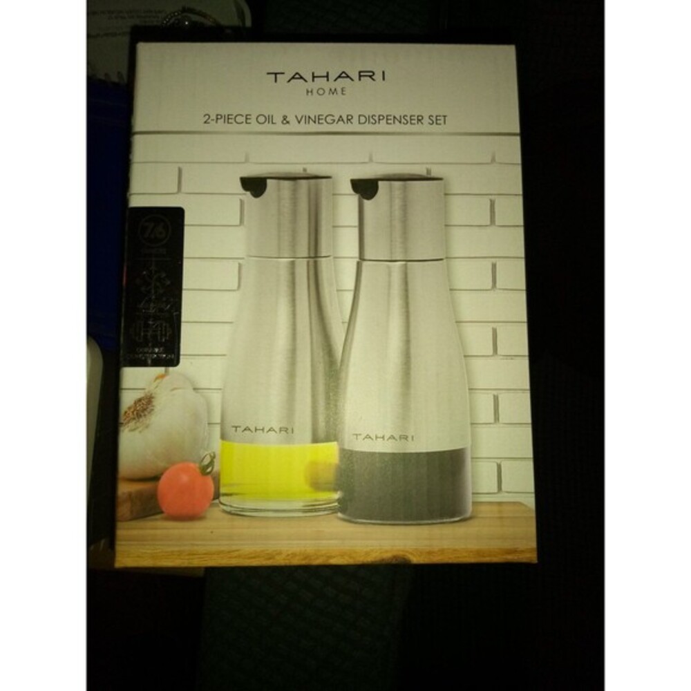 Tahari Home Oil Vinegar Dispenser Set Glass Stainless Steel 7.6 Oz
